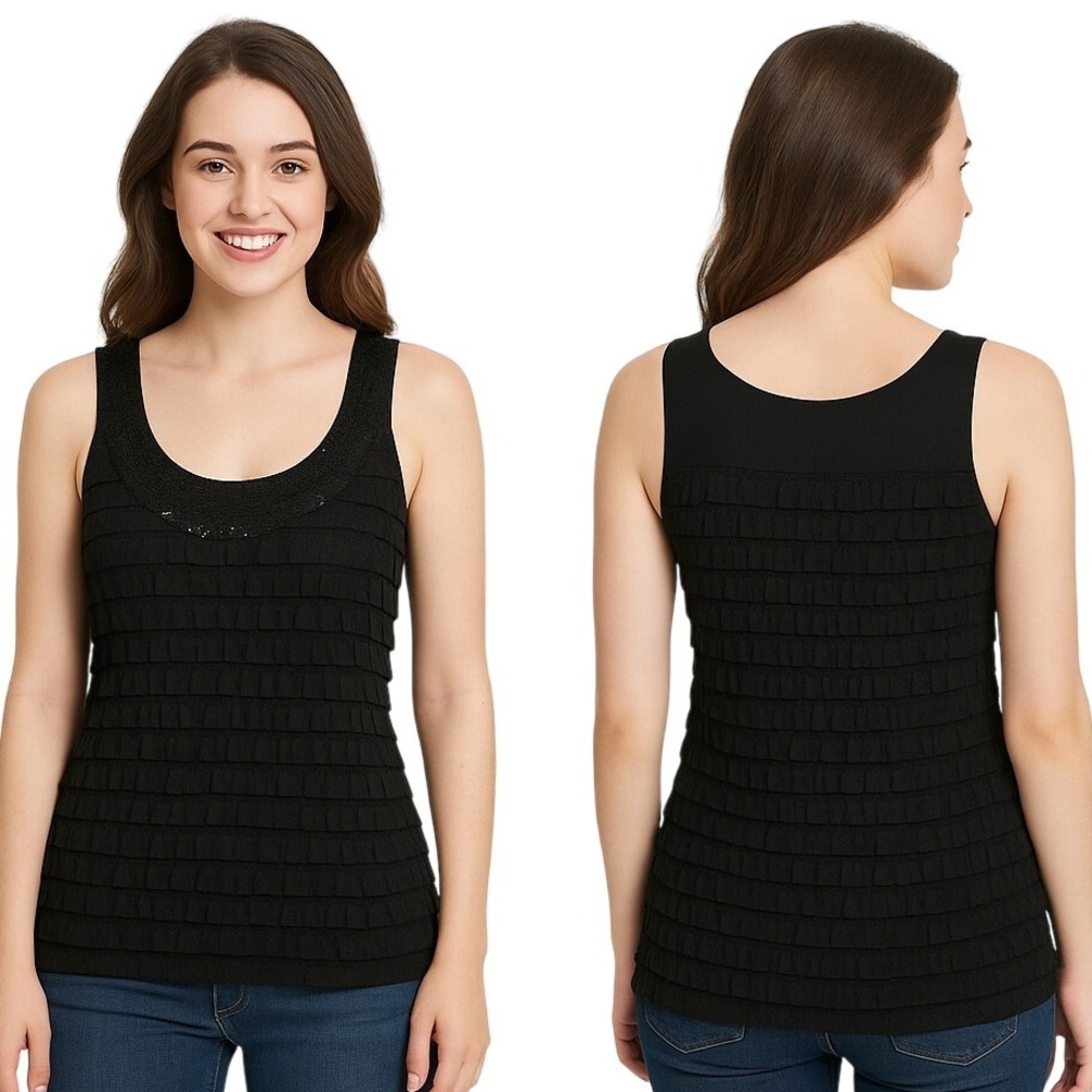 Cocomo Tank Top Medium Black Ruffle Sequin Stretch Pullover Party Casual Chic